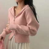 Double-headed Zipper Solid Color Hooded Cardigan-Outfit