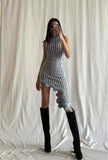 Asymmetrical Wavy Hem Round Collar Knit Midi Dress-Outfit
