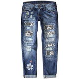 Fashion And Slim Print Denim Trousers Women-Outfit