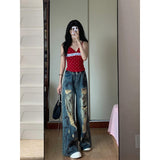 Fongt Retro Hottie Languid Wind Ripped Jeans Women Summer Design Feel To Do Old Dirty Tug Trousers