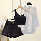 Women Summer Shorts Sets Streetwear Slash Neck Vest+white Sunscreen Blouse+denim Shorts 3 Pieces Set For Women Outfits 2022