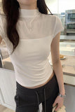 Girls Foreign Style Simple Net Gauze Spliced Half-High-Collar T-Shirt Spring And Summer New Thin Solid Color Short-Sleeved