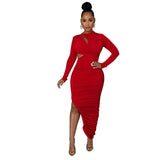 Fashion Women's Solid Color Pleated Round Collar Long Sleeve Dress-Outfit