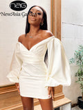 off Shoulder Dress Lantern Sleeve 2 Layers White High Waist Bodycon Dresses Backless Vestidos Women Sexy Mini Robe