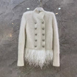 Temperament Patchwork Feather Coat For Women Stand Collar Long Sleeve Casual White Jackets Female Fashion New