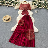 Fongt Folded Two Sets Of Women's Waist Repair Short Sleeve Pressure Folded Blouse Flowers High Waist 100 Folds Skirt