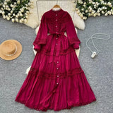 Fongt Style Dress Summer Dress Women's Heavy Industry Hollow Lace Splicing Long French Lantern Sleeve Dress