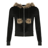 Fongt Cloth Forget Retro Hair Splicing Velvet Zipper Casual Coat BM Style Hooded Solid Color Sweater