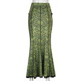 Green Lace Printed Trumpet Long Skirt-Outfit