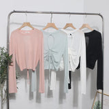 Han Shied Bare Back Drawstring Blouse Woman Summer Small Casual Wear Thin Hoodie Short-Sleeved T-Shirt