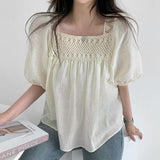 Crochet Square Collar Puff Sleeve Blouse-Outfit