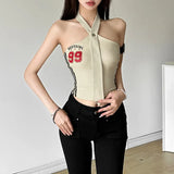 Fongt 2024 Summer Women's Tie Design Hanging Letter Print Slim Vest-Outfit
