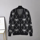 Women's Knitting Print Sweater Color Heart Single-Breasted Button Loose Casual Knitted Cardigan Sweaters Autumn V-neck