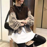 Clothing Vintage Plaid Pullovers Patchwork Knitted Fake Two Pieces Spring Autumn Round Neck Stylish Button Midi T-shirt-Outfit