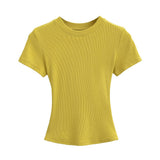 Trend Women's Wear Thread Slim Short-Sleeved T-Shirt Sexy Round Collar Solid Color Shoulder Show Thin Short Navel Blouse-Outfit