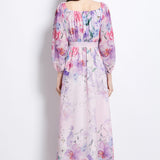 Fongt Holiday Style Dress 2025 New One-Word Shoulder Strap With Waist Lantern Sleeve Print Chiffon Long Dress Woman