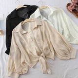 Shirts Women 2020 Summer Half Sleeve Buttoned Up Shirt Loose Casual Blouse Tied Waist Elegant Blouses For
