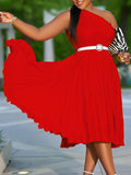 Fongt With Belt Women's New Fashion Temperament Slanted Shoulder Solid Color Pressure Folding Large Dress Folding
