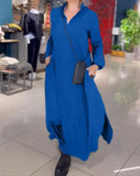 Fongt Autumn And Winter New Leisure Loose Solid Color V Collar Long-Sleeved Dress