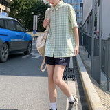 Fongt Loose Green Plaid Short-Sleeved Shirt Female Summer Design Sense Small Minority Lapel Shirt Thin Coat Tide-Outfit