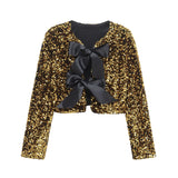 Fongt Women's 2025 Spring 2025 New V-Neck Bow Ornament Party Lien Slide Short Jacket Jacket