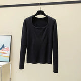 Autumn Long Sleeve Knitted Sweater Pullovers Girls Square Collar Tops Jumpers Women Base Jumper Slim Knitwear-Outfit