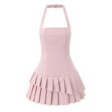 Fongt Style Dress Women 2025 Spring New Temperament Elegant Hanging Neck Sleeveless Solid Color High-Rise 100-Folded