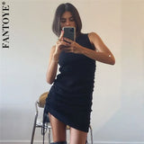 Cotton Ruched Drawstring Sexy Party Dress Women Sleeveless Elastic Mini Dress Vintage Summer Bodycon Club Wear