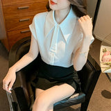 Fongt Shirt Female 2023 Summer Pendant Feeling Short Sleeve Retro Port Style A Button Small Necktie Commuting Professional Wear-Outfit