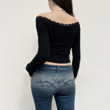 Cute Bow Black Slash Neck Crop Top Vintage 2000s Lace Patchwork Long Sleeve Basic T-shirt Women Casual Korean Fashion Tee-Outfit