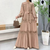 Fongt Style Dress Summer Dress Women's Heavy Industry Hollow Lace Splicing Long French Lantern Sleeve Dress