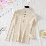 Pullover Women Sweater Autumn Knitted Button Long Sleeve Half Turtleneck Female Jumper Elastic Korean Fashion Blouse