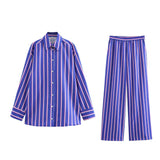 Fongt Women's Summer New Striped Loose Shirt Straight Trousers Set