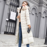 2024 Winter Tie Long Padded Clothes Korean Version Over The Knee Thick Warm Hooded Solid Color Big Wool Collar Down Cotton Suit-Outfit