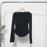 French Style Long-Sleeved T-Shirt Girl Autumn And Winter Collar Folded Folded Body Inside The Bottom Shirt Top