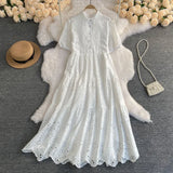 Version Dress Summer Lapel Hollowed-Out Embroidery Aging Bubble Sleeve Loose Medium And Long Bohemian Holiday Dress-Outfit