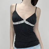Fongt Cloth Forget Black And White Striped Lace Lace Splicing V-Neck Sling Vest Sexy Set-Up Inside The Body