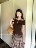 Fongt Xixi 2025 Autumn White Label New Word-Collar Wool Bottom Knitted Knitted Short-Sleeved T-Shirt For Women 25362