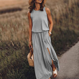 Fongt 2025 Summer Women's Fashion Trend Retro Round-Neck Sleeveless Forked Solid Color Two-Piece
