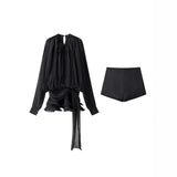 Fongt Folding Ribbon Design Loose Waist Mini Dress Shorts Set 2025 Spring And Summer Street Fashion Woman
