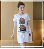 Fongt Summer New Women's Korean Dress Print Women's Medium Long Short-Sleeved T-Shirt Girl Top