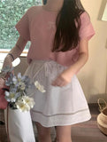 Round Neck Bow Print Short Sleeved Knitted Top-Outfit