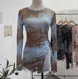 Vintage Tie-Dye-Print Net Yarn Jersey Long-Sleeved Top Irregularly T-Shirt With Thin Short T-Shirt