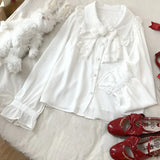 Vintage Lolita Blouses Women White Kawai Lace Peter Pan Collar Rose Bow Chiffon Shirts Black Elegant Long Sleeved Top-Outfit
