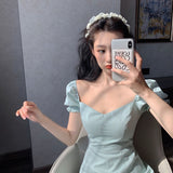 Summer Green Bodycon Dress Woman Sexy Square Collar Short Puff Sleeve A-line Mini Dresses
