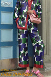 Autumn Vintage Pants Outfits Elegant Turn Down Collar Lady Casual Matching Set 2023 Women Printing Loose Two Pieces