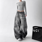 Fongt Blue High Street Design Loose Broad Leg Pants Women Lazy Wind Hip Hops Fatmm Straight Jeans