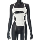 Dark Y2k Punk Sexy Cut Out Women Camis Cyber Techwear Gothic Backless Halter Tops Lace Up Slim Patchwork Streetwear