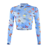 Fongt Women's Mesh Hollow Out Butterfly Print Long Sleeve Crop Short T-Shirt Bottom Shirt