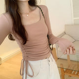 Girls' Solid Color Square Collar Long-Sleeved T-Shirt The New Autumn Style Is Slim, Slim And Underwear.-Outfit